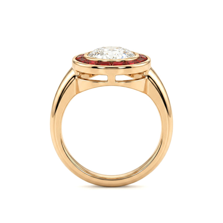 2.1CT Old European Cut Lab Diamond Art Deco Lab Ruby Halo Design Ring - FIORESE JEWELRY