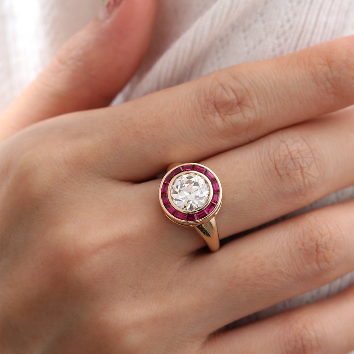2.1CT Old European Cut Lab Diamond Art Deco Lab Ruby Halo Design Ring - FIORESE JEWELRY