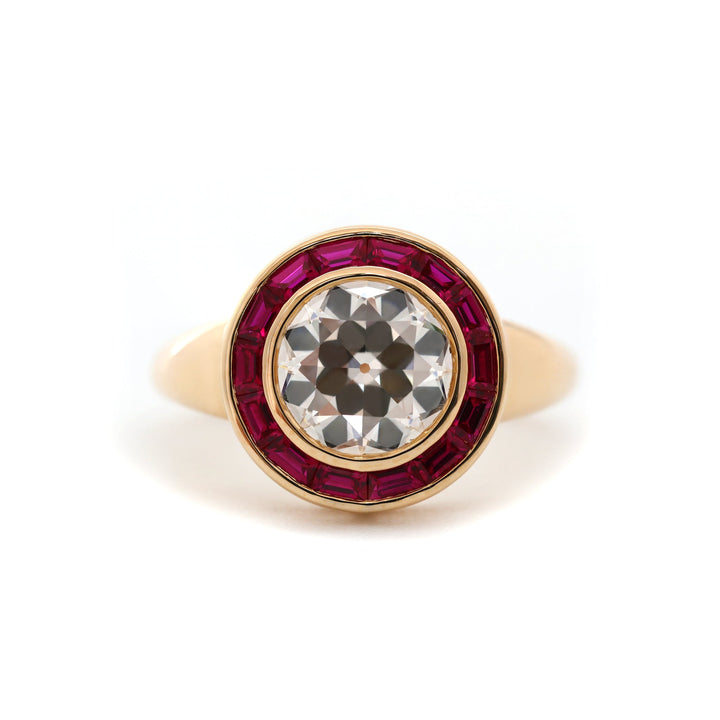 2.1CT Old European Cut Lab Diamond Art Deco Lab Ruby Halo Design Ring - FIORESE JEWELRY