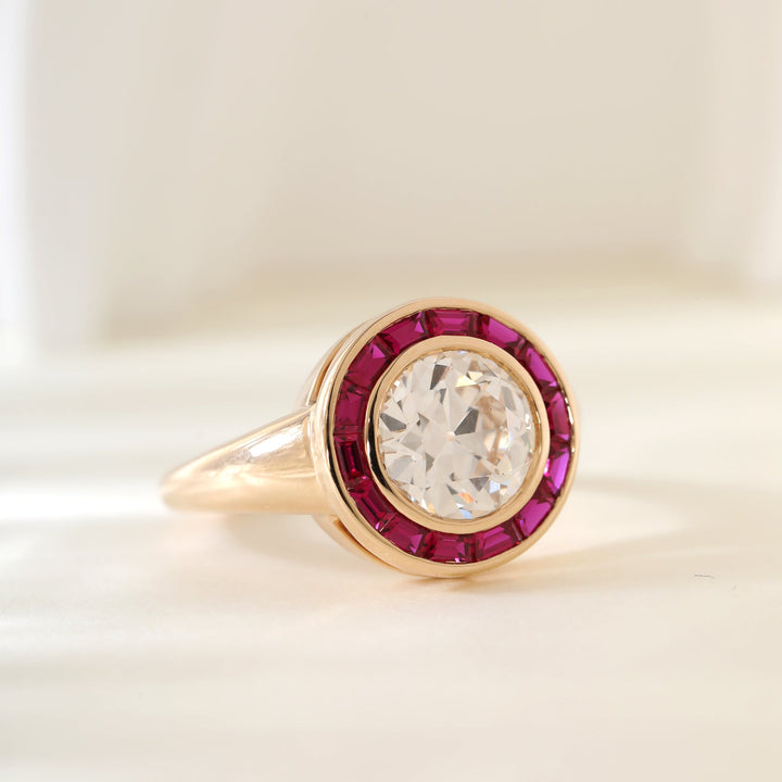 2.1CT Old European Cut Lab Diamond Art Deco Lab Ruby Halo Design Ring - FIORESE JEWELRY