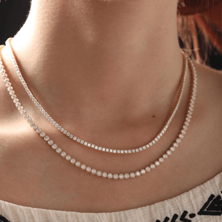 2.1mm Round Cut Lab Diamond 4 Prong Basket Tennis Necklace Everyday Essential - FIORESE JEWELRY