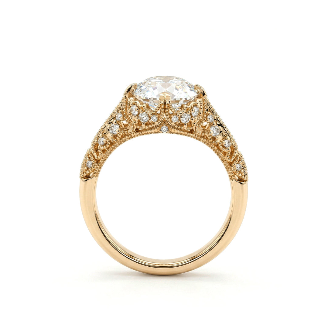 2.23CT Old European Cut Lab Diamond Hand - engraved Openwork Band Ring - FIORESE JEWELRY