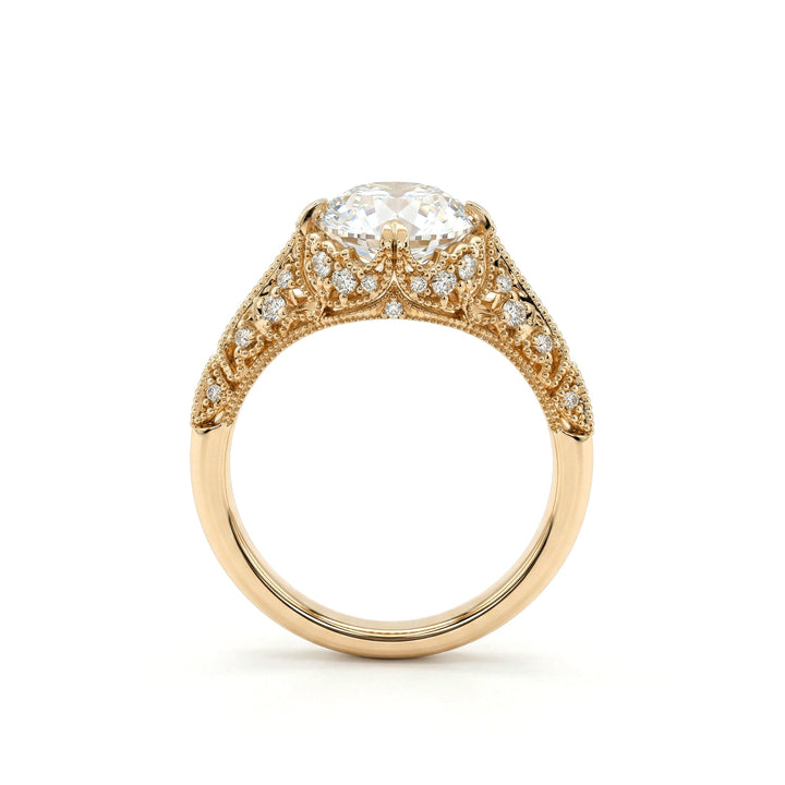 2.23CT Old European Cut Lab Diamond Hand - engraved Openwork Band Ring - FIORESE JEWELRY