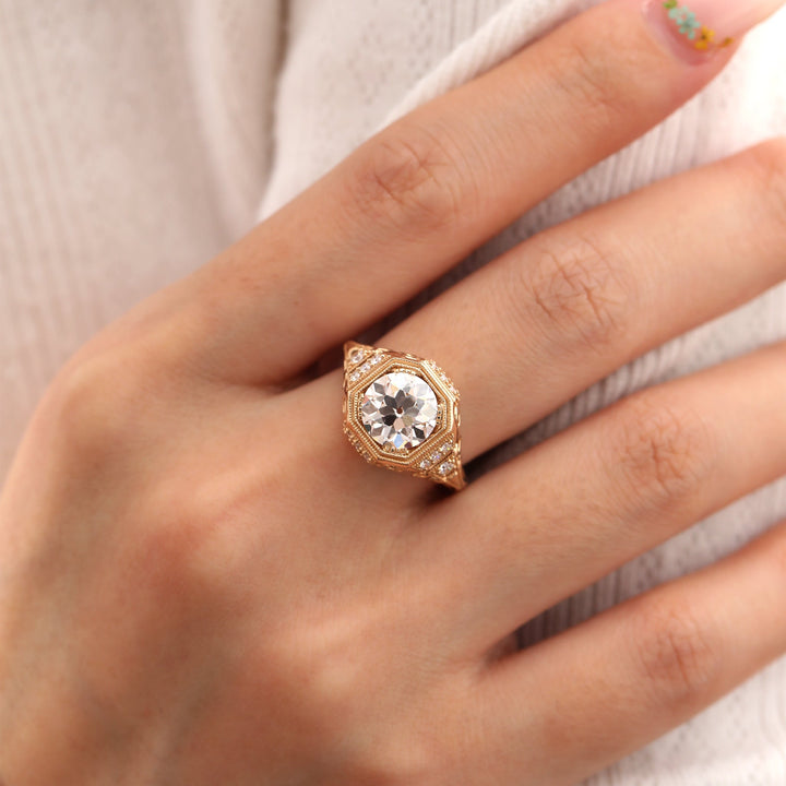 2.29CT Old European Cut Lab Diamond Art Deco Octagonal Bezel Ring - FIORESE JEWELRY
