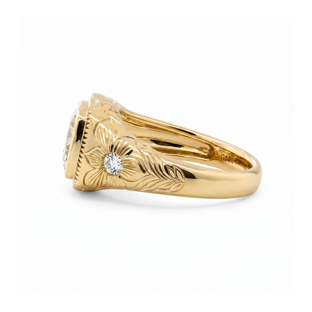 2.33CT Cushion Old Mine Cut Lab Diamond Hand - Engraved Flower Details Bezel Set Ring - FIORESE JEWELRY