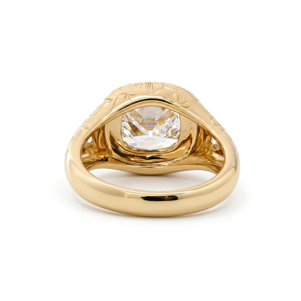 2.33CT Cushion Old Mine Cut Lab Diamond Hand - Engraved Flower Details Bezel Set Ring - FIORESE JEWELRY