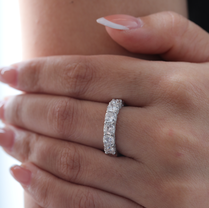 Cushion-Cut Lab Diamond Eternity Ring with Shared Round Prong and Round Pavé