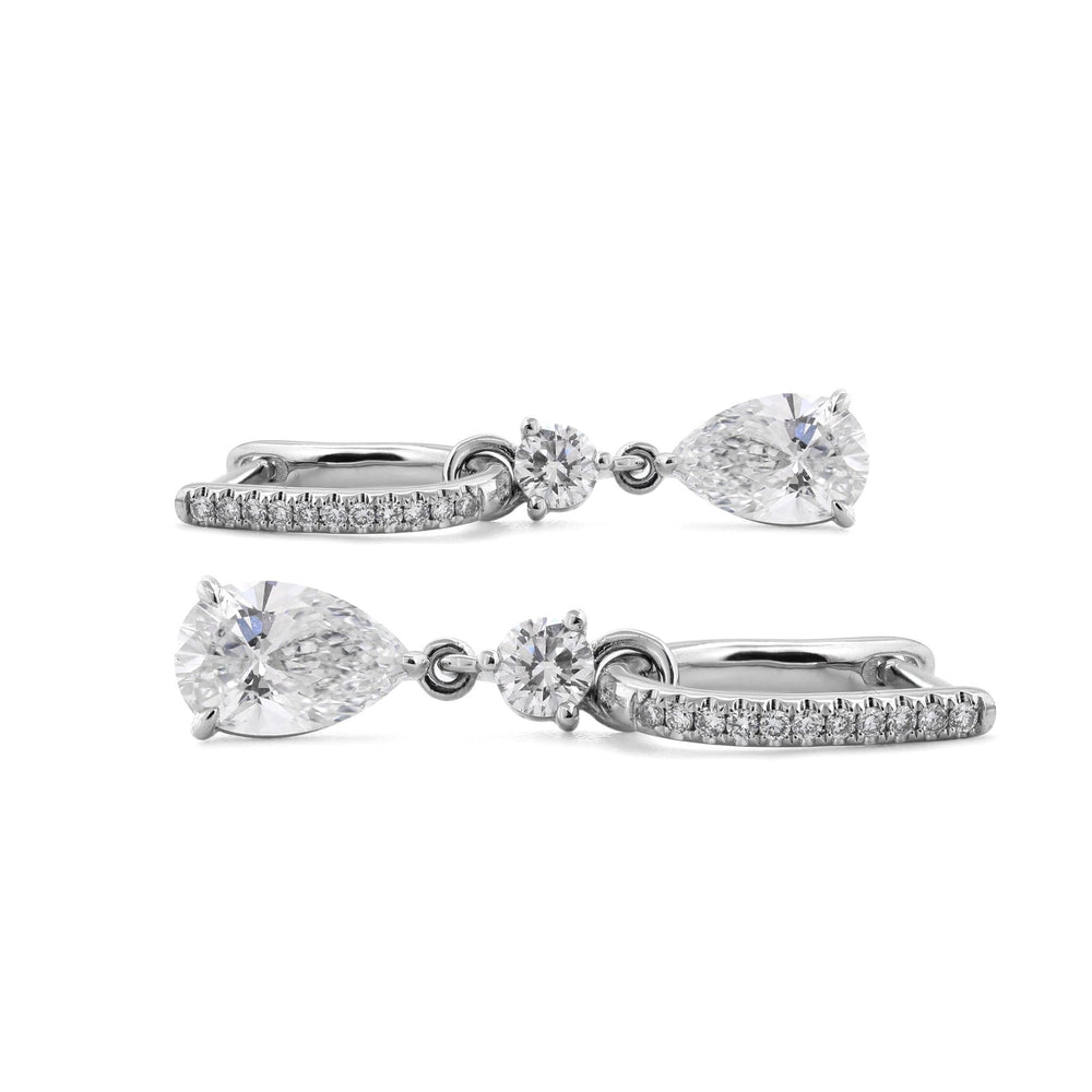 2.5 ct tw Pear Cut and Round Cut Lab Diamond Three Prong Basket Hoop Earrings - FIORESE JEWELRY