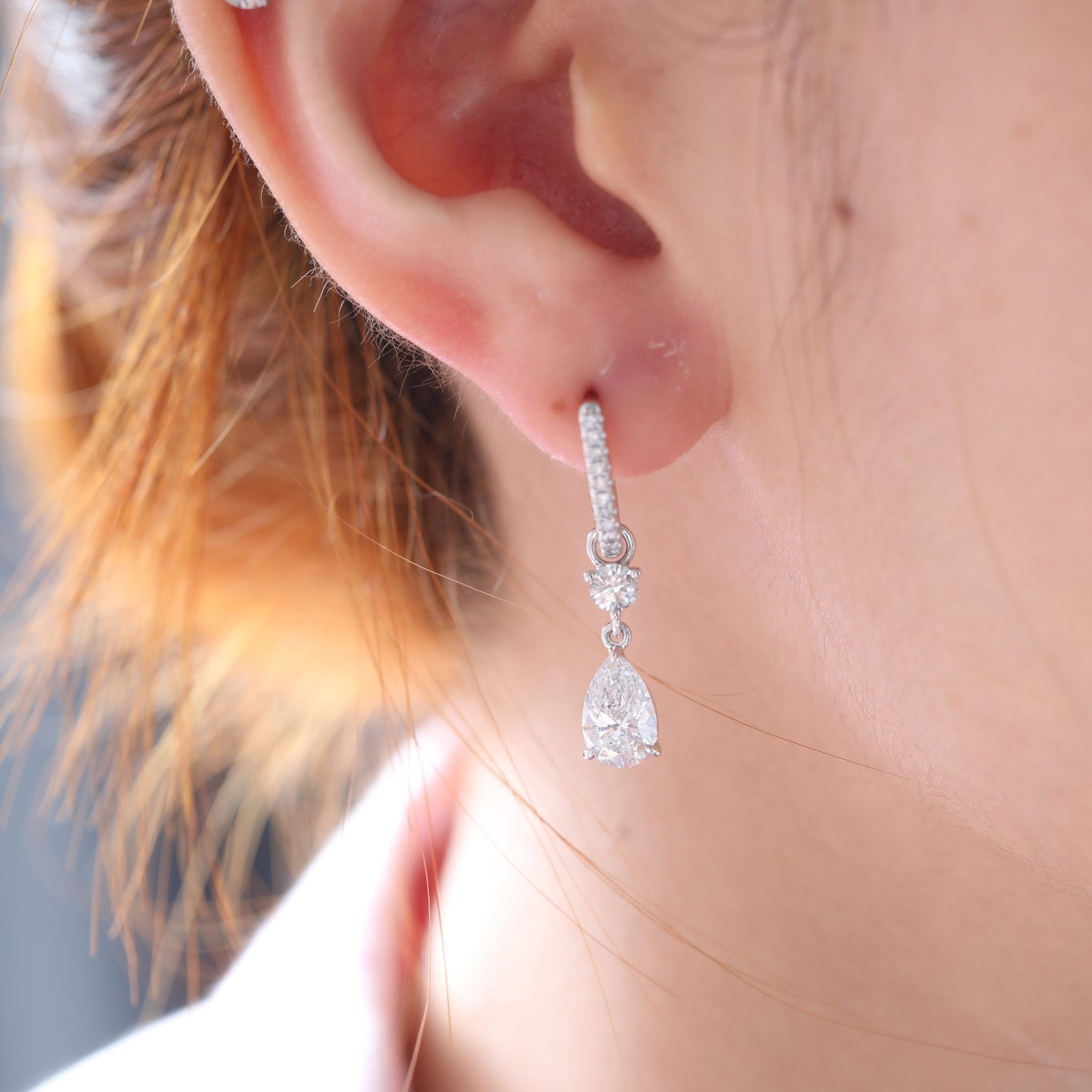 2.5 ct tw Pear Cut and Round Cut Lab Diamond Three Prong Basket Hoop Earrings - FIORESE JEWELRY