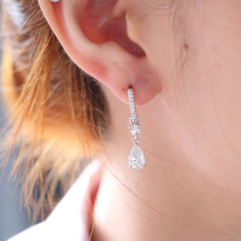 2.5 ct tw Pear Cut and Round Cut Lab Diamond Three Prong Basket Hoop Earrings - FIORESE JEWELRY