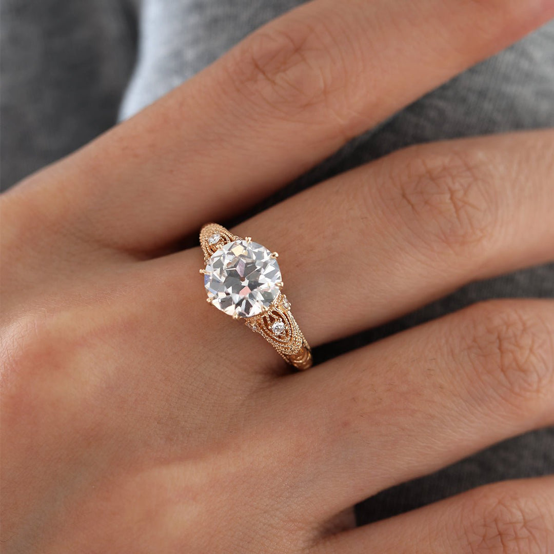 European Cut Lab Diamond 2.55CT Old European Cut Lab Diamond Hand-engraved Beaded Design Ring P ...