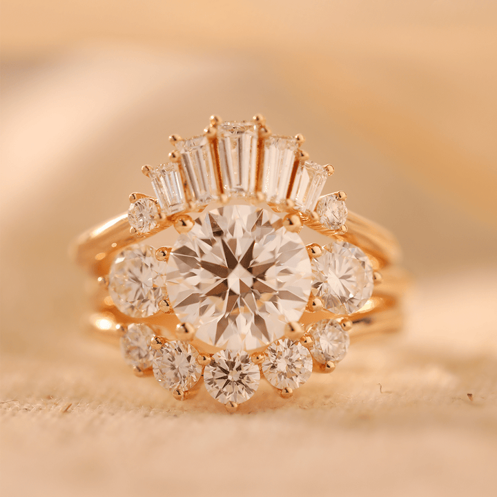 2.5ct Round Lab Diamond Round Prong Basket Three - stone Engagement Ring with Two Ring Enhancers in Bridal Ring Set Design - FIORESE JEWELRY