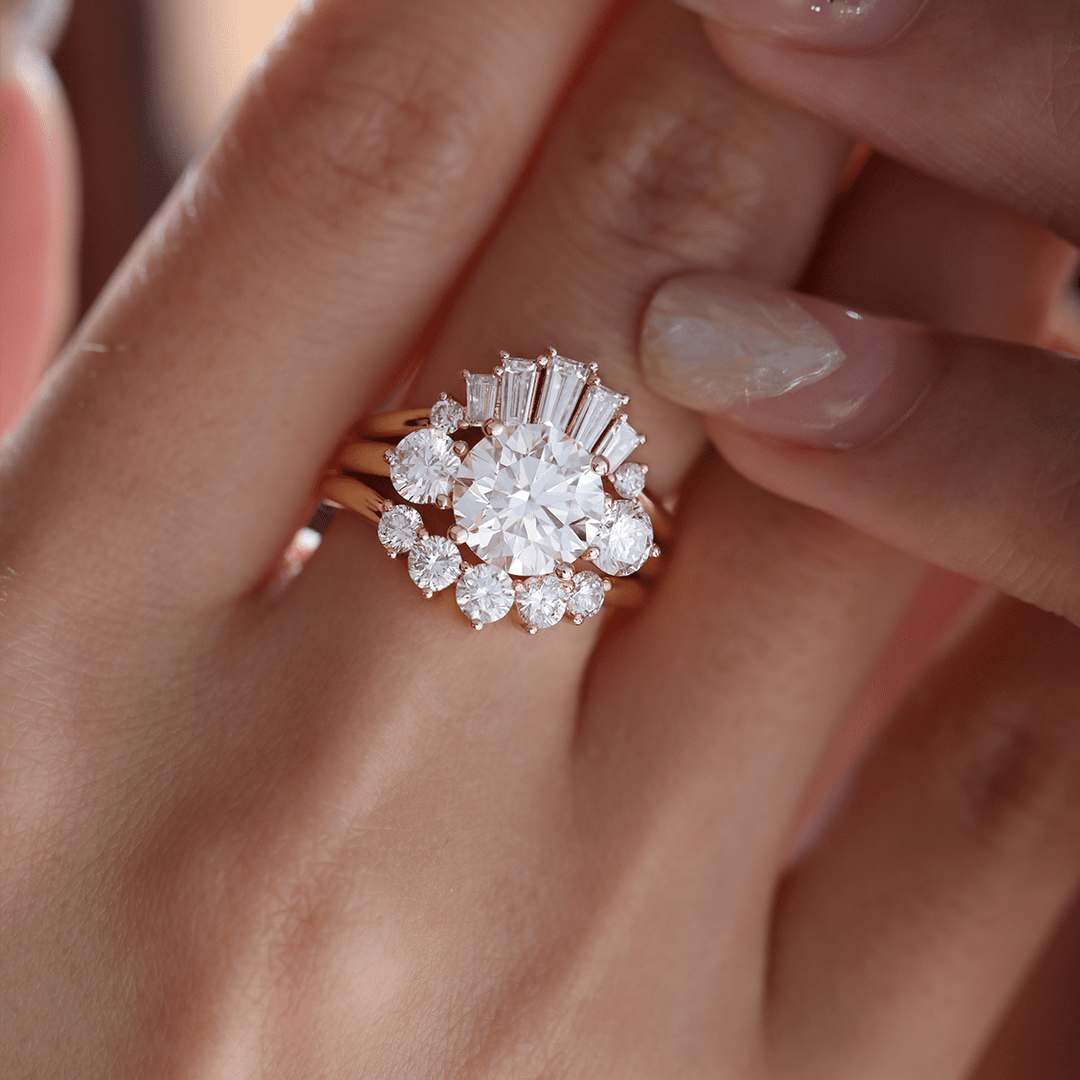 2.5ct Round Lab Diamond Round Prong Basket Three - stone Engagement Ring with Two Ring Enhancers in Bridal Ring Set Design - FIORESE JEWELRY