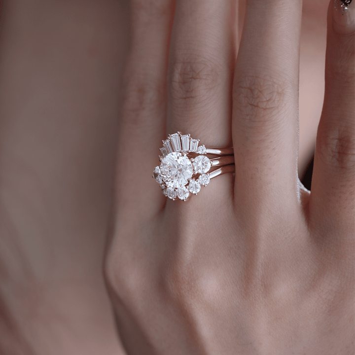 2.5ct Round Lab Diamond Round Prong Basket Three - stone Engagement Ring with Two Ring Enhancers in Bridal Ring Set Design - FIORESE JEWELRY