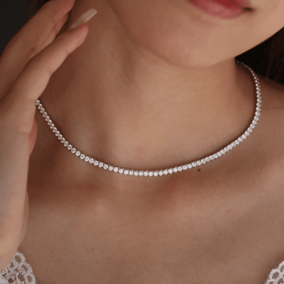 3.8mm Round Cut Lab Diamond 4 Prong Basket Tennis Necklace Everyday Essential - FIORESE JEWELRY