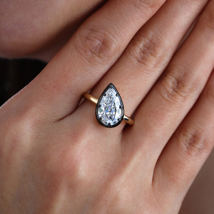 2.79CT Pear Old Mine Cut Lab Diamond Black Rhodium Plating Bezel Set Ring - FIORESE JEWELRY
