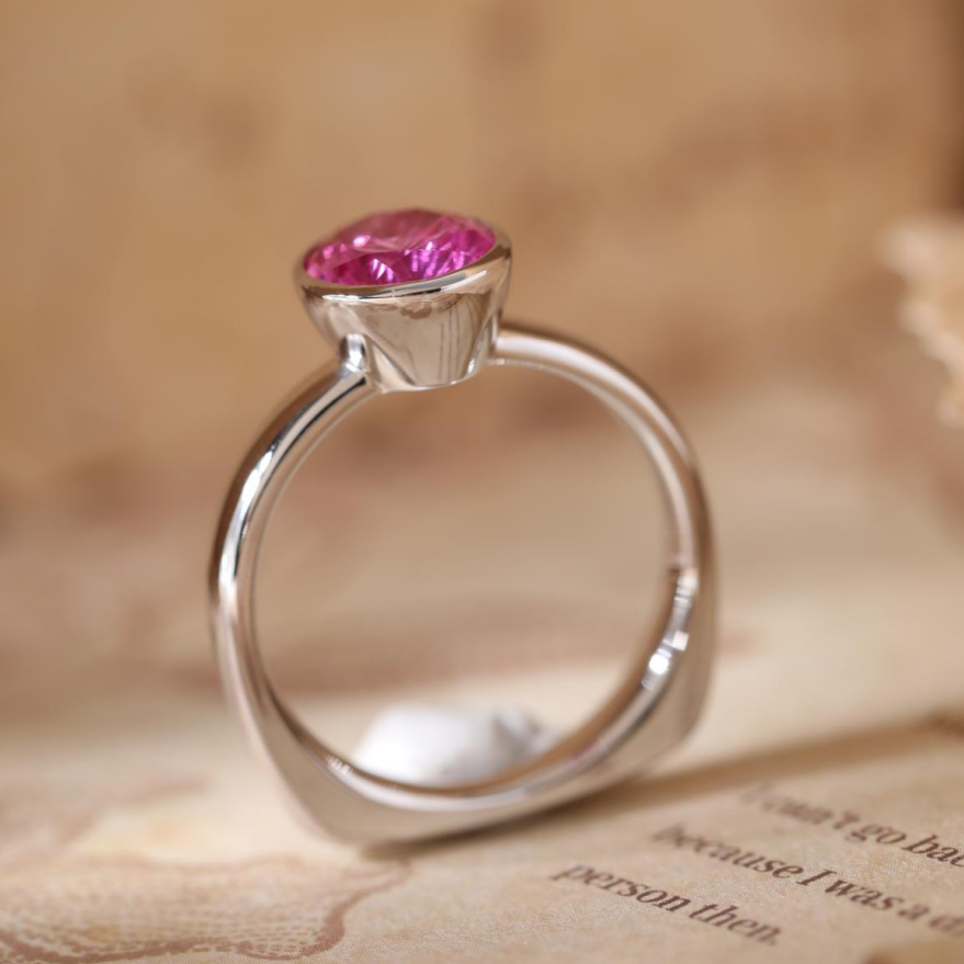 Starbrite-Cut Pink Lab Sapphire Bezel Solitaire Ring with European Shank