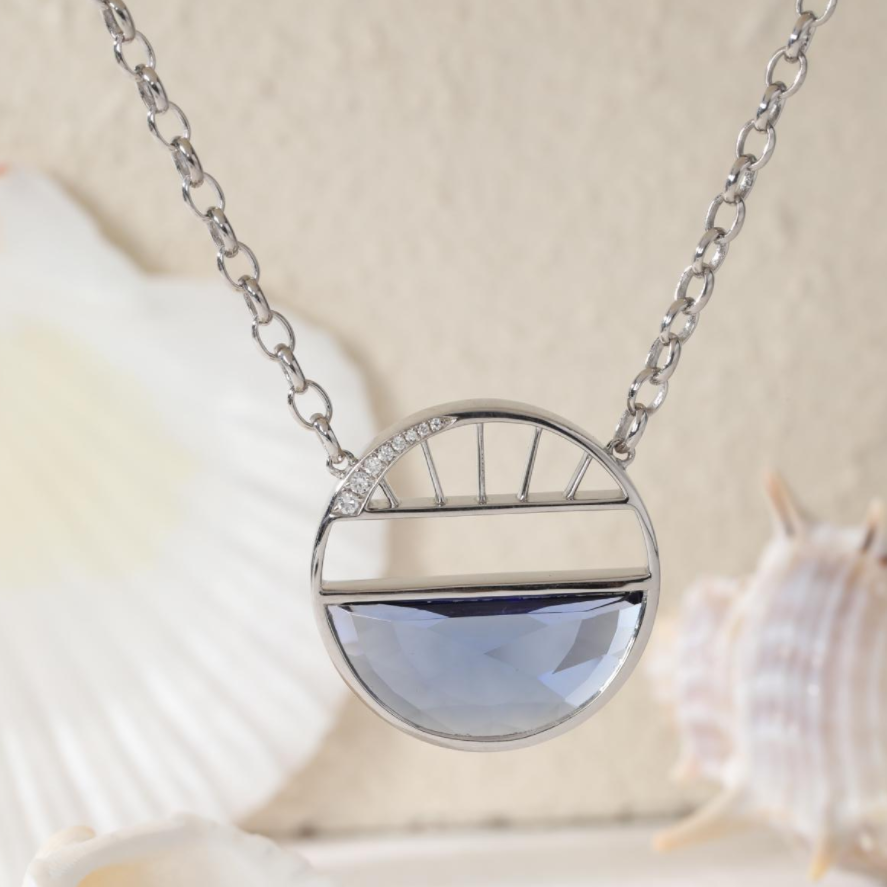 Half-moon Shape Crown Flower Blue Lab Sapphire Pendant Necklace