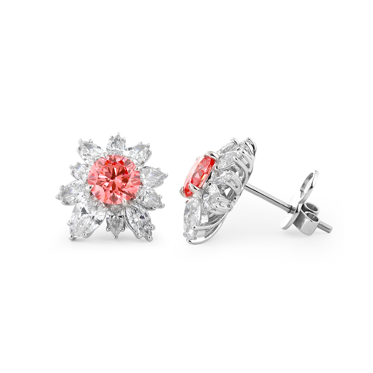 Platinum 2 ct tw Pink Round Cut Lab Dimaond Floral Nature-Inspired Stud Earrings