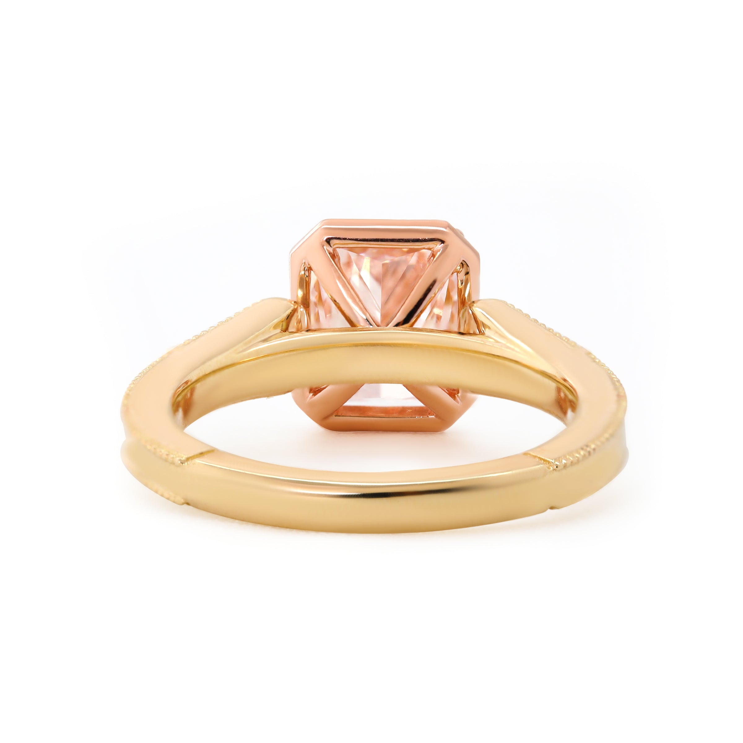 14K Yellow and Rose Gold 1.5ct Radiant Cut Pink Lab Diamond Millegrain Vintage Design Ring with Round Lab Diamond Side-stone