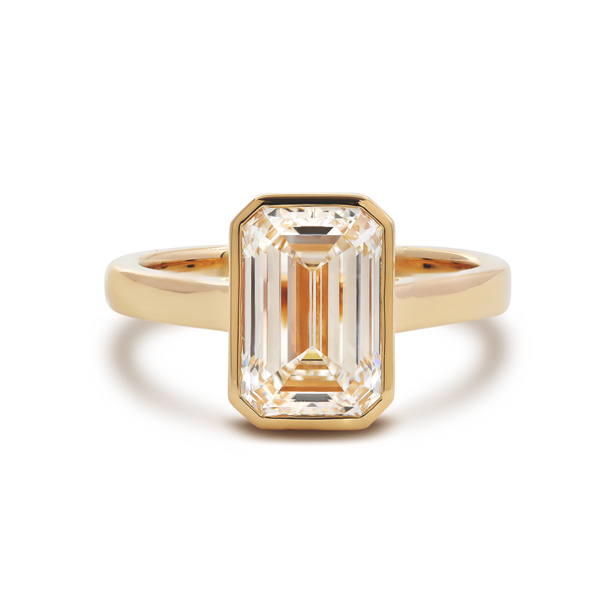 14K Yellow Gold 3ct Emerald Cut Lab DIamond Bezel Solitaire Ring