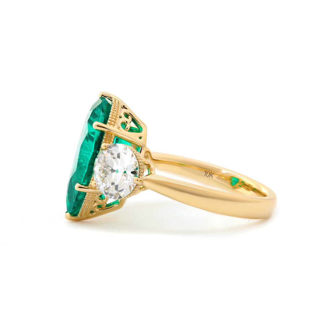 Pear Lab Emerald Three-Stone Engagement Ring with Old European-Cut Lab Diamond Side Stones