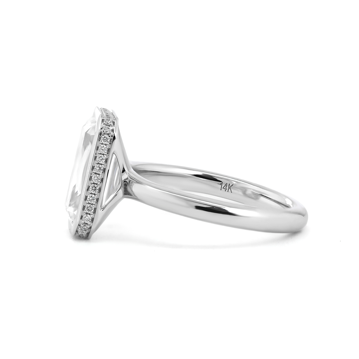 14K White Gold 3ct Criss Cut Bezel Ring with Round Lab Diamond Hidden Halo