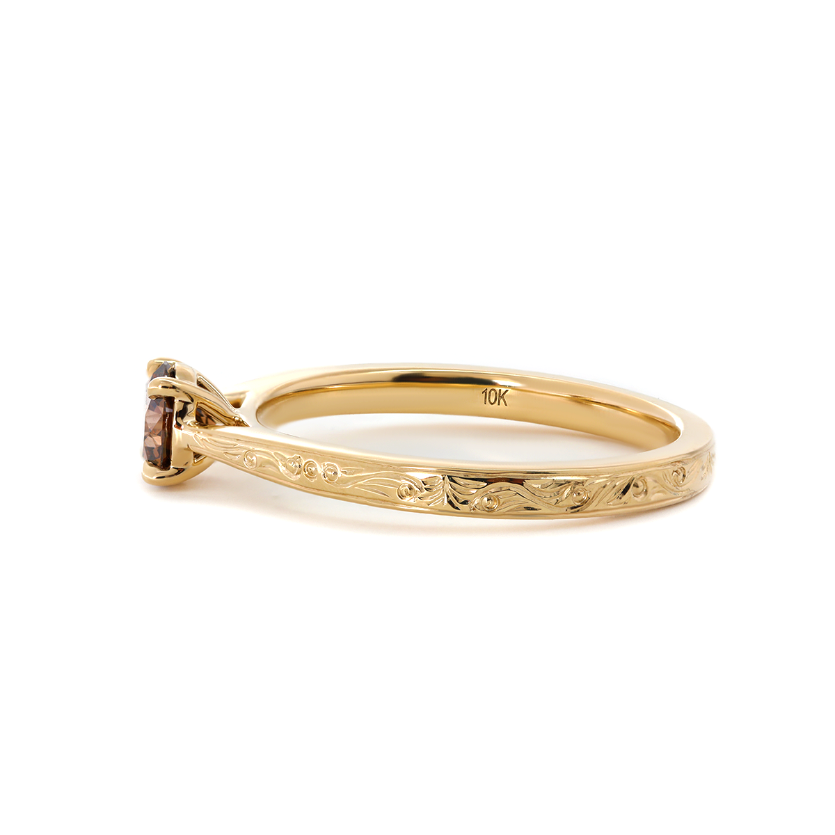 14K Yellow Gold Brown Round Cut Lab Diamond 4 Claw Prong Cathedral Setting Solitaire Ring with Floral Engraving