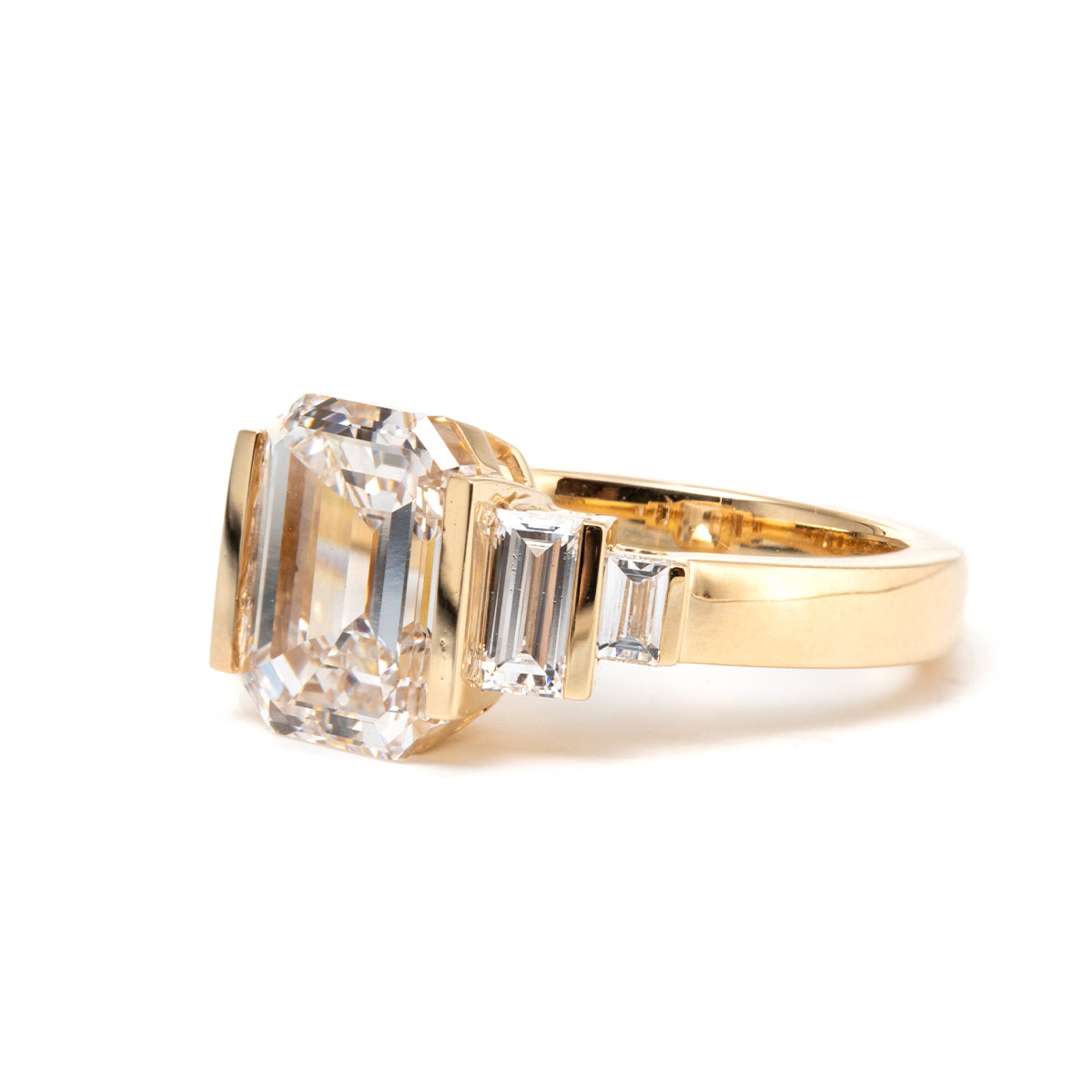 18K Yellow Gold 3ct Emerald Cut Lab Diamond Half Bezel Five-stone Ring with Baguette Cut Side Stones
