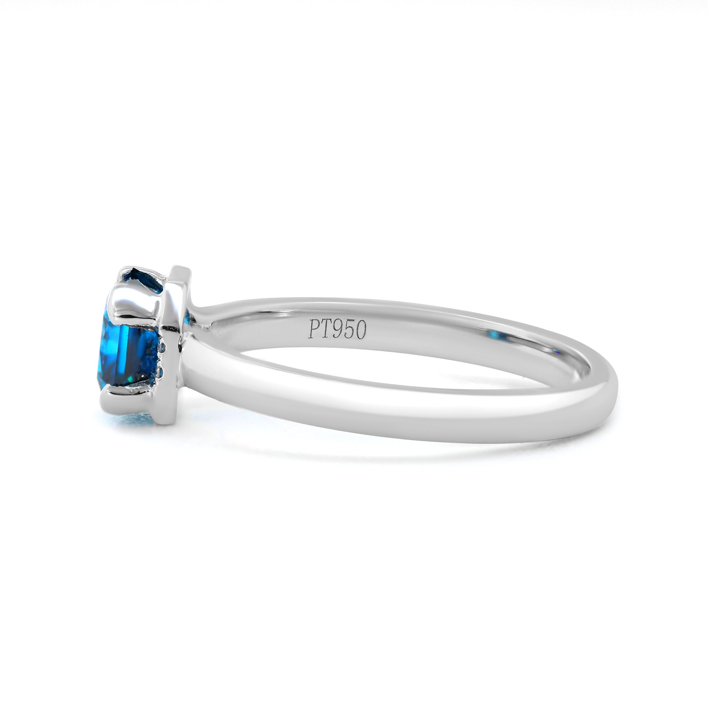 Platinum Radiant Cut Blue Lab Diamond Starlit Ocean Oath Ring with Round Lab Diamond Half Hidden Halo