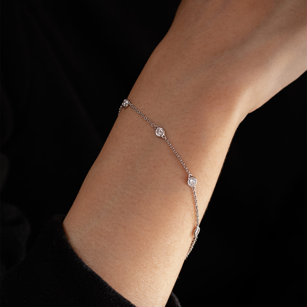 14K White Gold Round Lab Diamond Bezel Station Bracelet