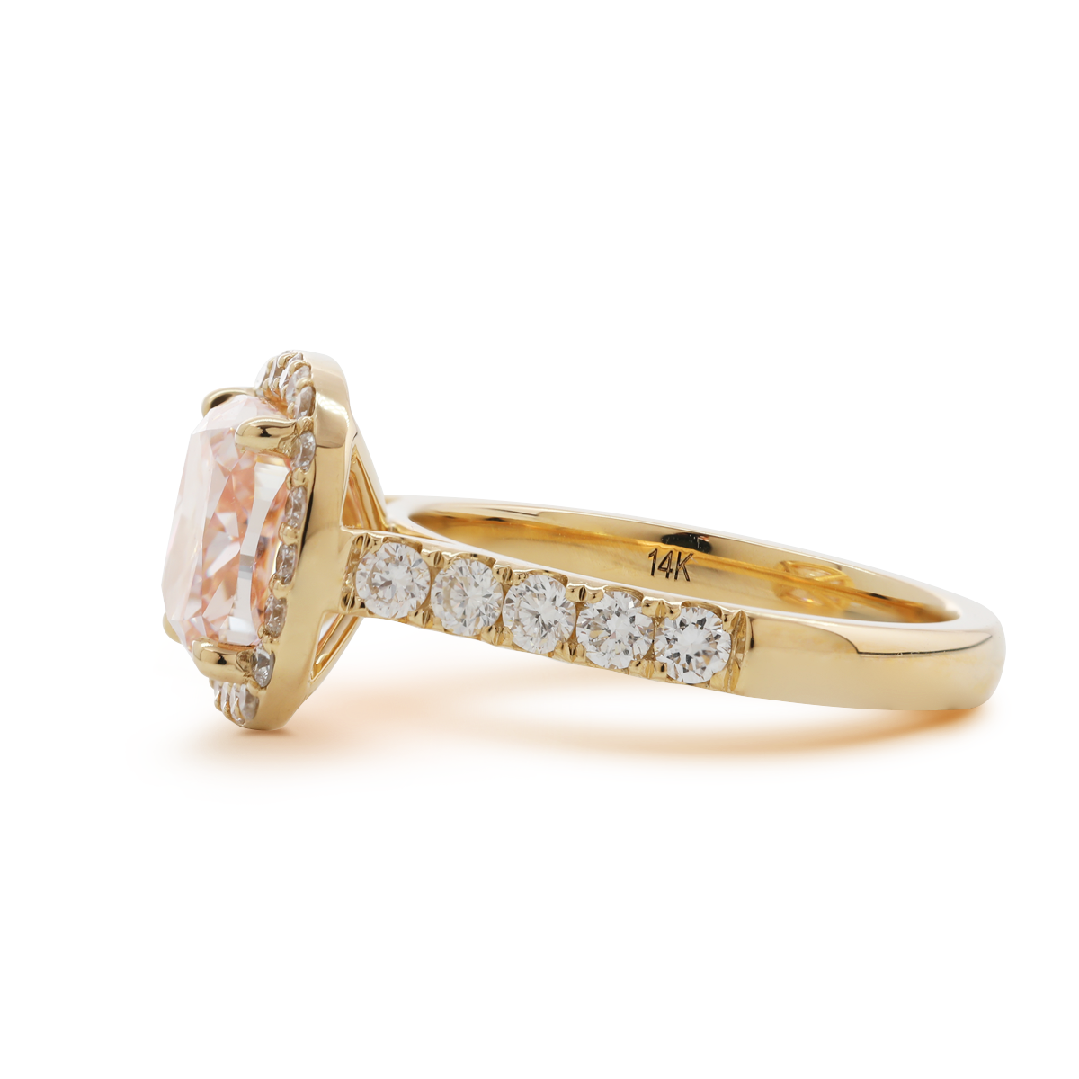 14K Yellow Gold 3ct Cushion Cut Pink Lab Diamond Ring with Round Lab Diamond Halo and U-shape Pave