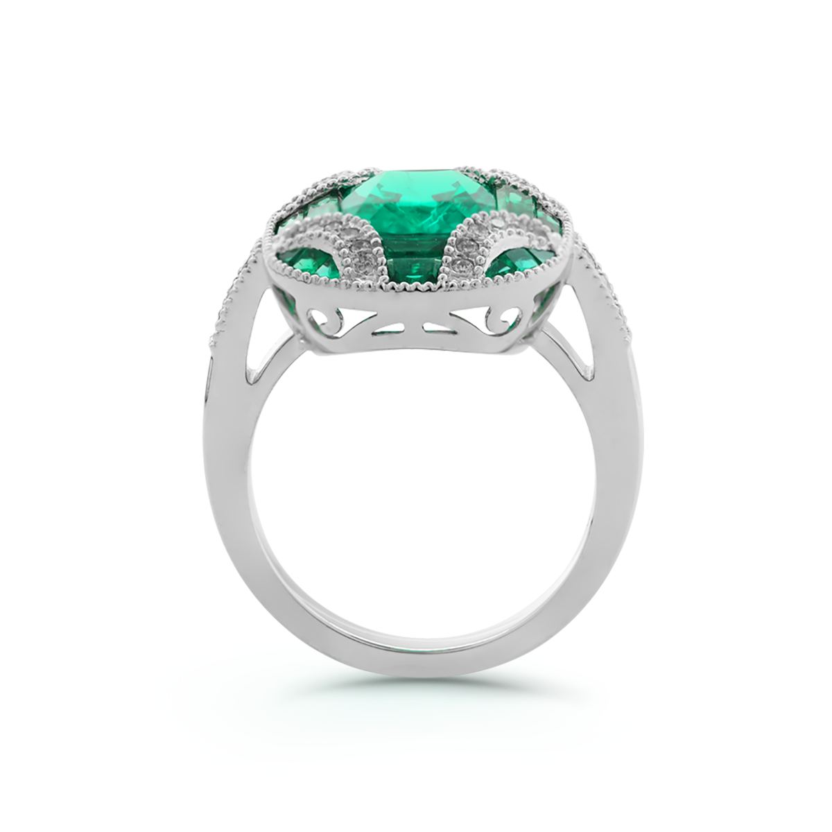 18K White Gold 2ct Cushion Lab Columbian Emerald Millegrain Invisible Setting Vintage Ring with Round Lab Diamond and Mixed Cut Lab Columbian Emerald Side-stones Monthly Deals