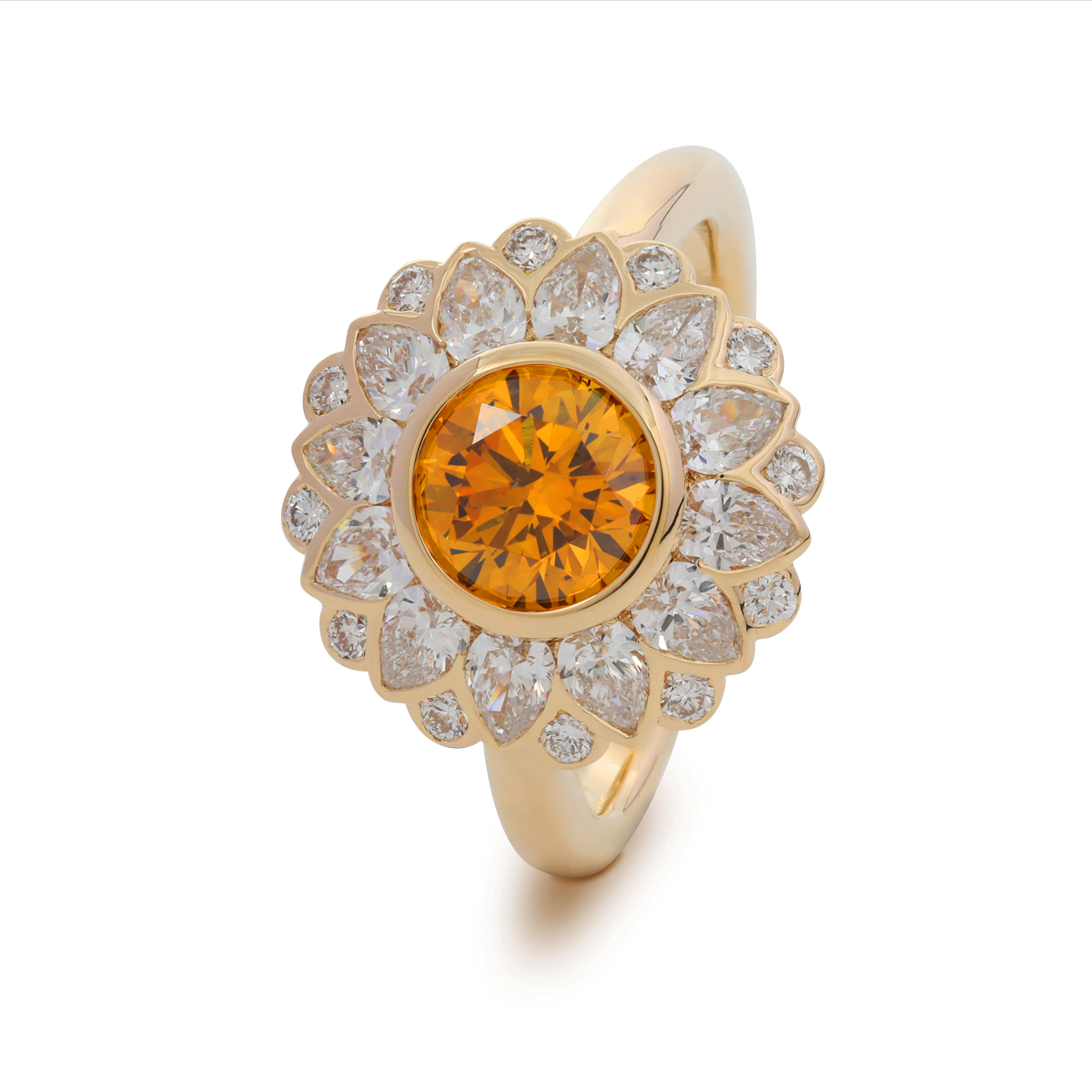 14K Yellow Gold 1.5ct Round Cut Yellow Lab Diamond Nature-Inspired Sunflower Halo Ring