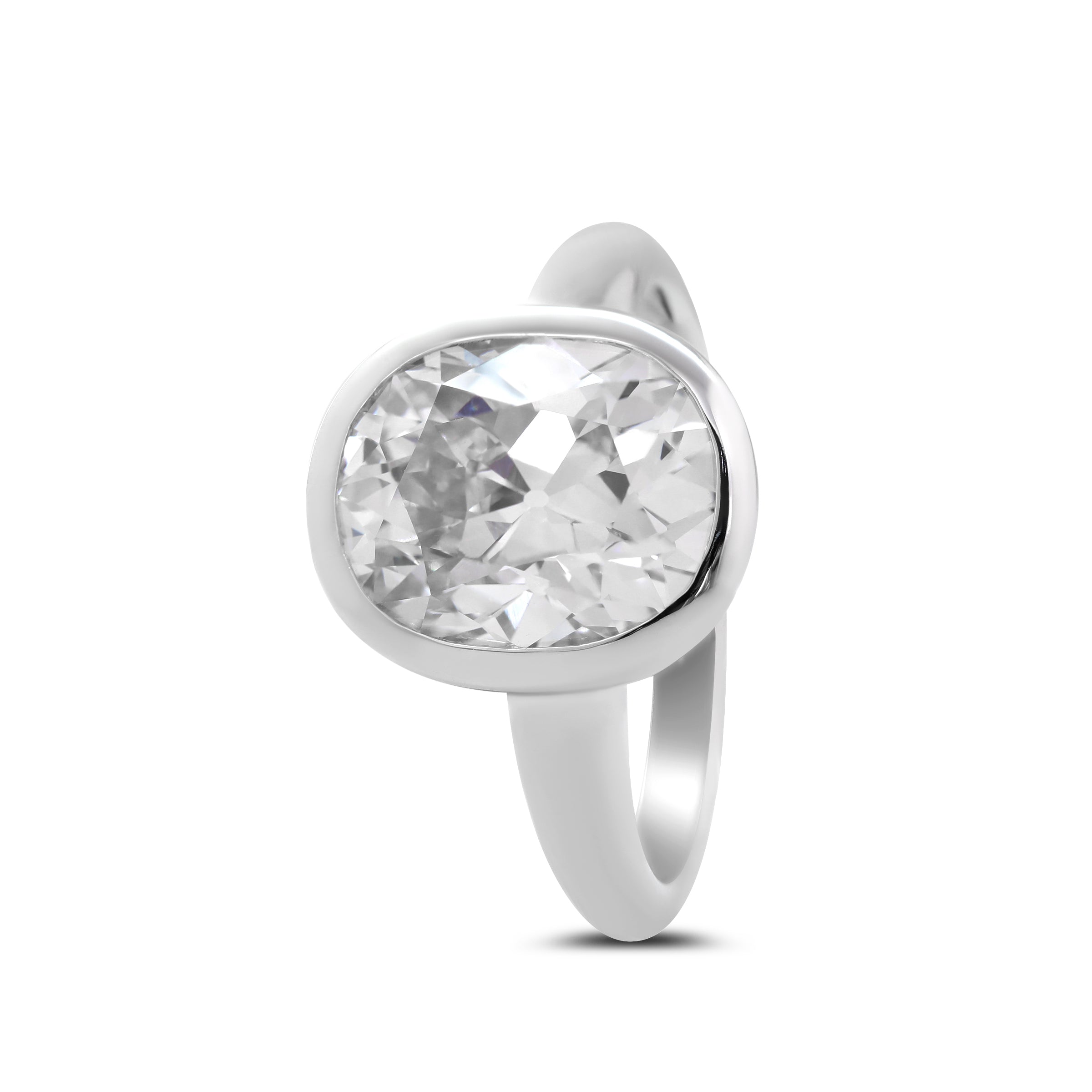 14K White Gold 4.5ct Elongated Oval Old Mine Cut Lab Diamond Bezel Solitaire Ring