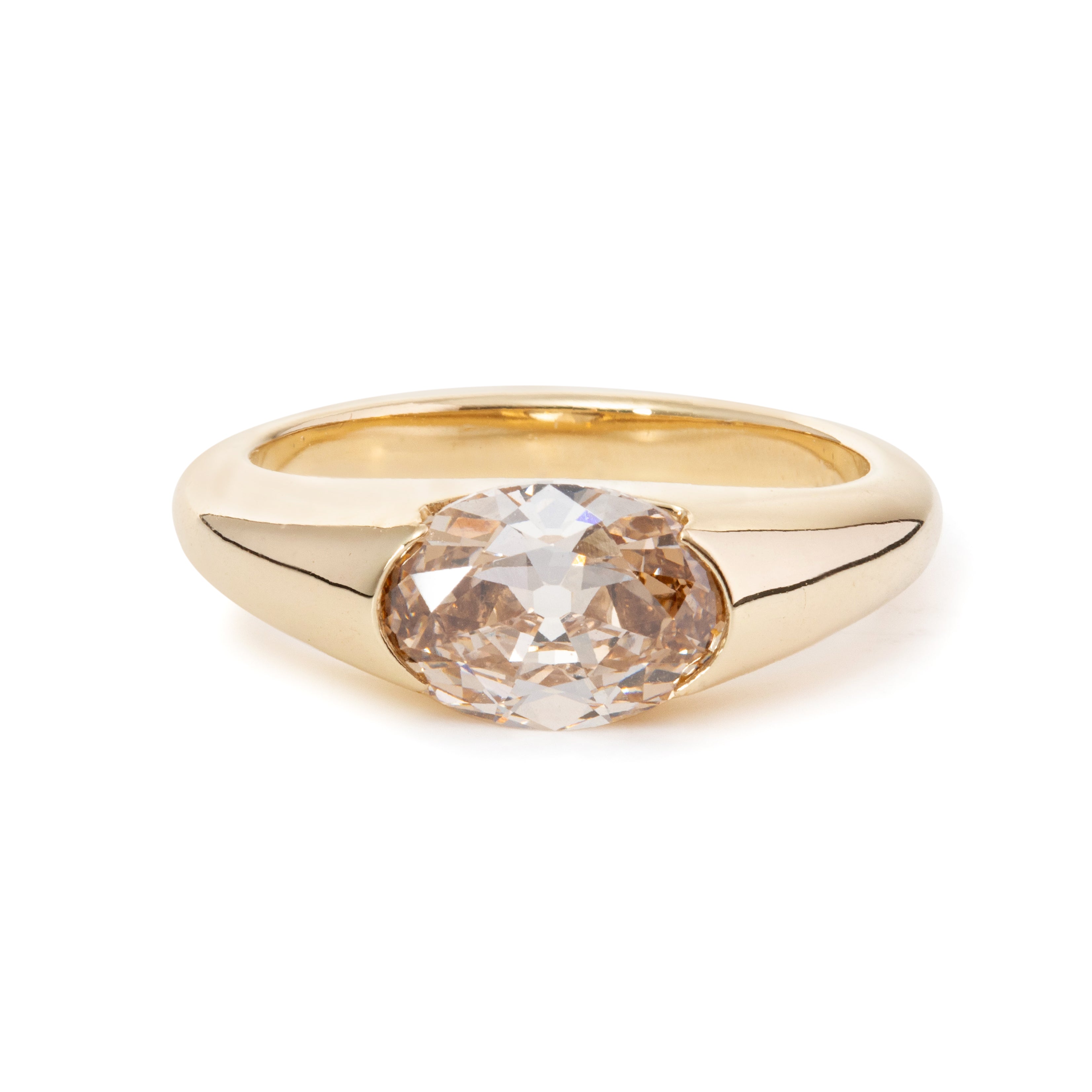 14K Yellow Gold 1.7ct Oval Champagne Color Old Mine Cut Lab Diamond Solitaire Hale Bezel Ring