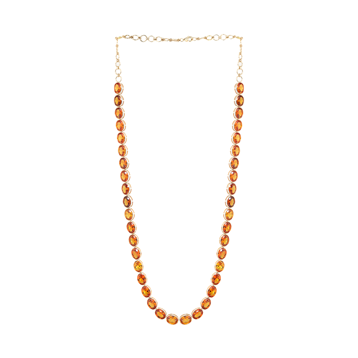 14K Yellow Gold Oval Lab Orange Sapphire Bezel Tennis Necklace with Adjustable Chain