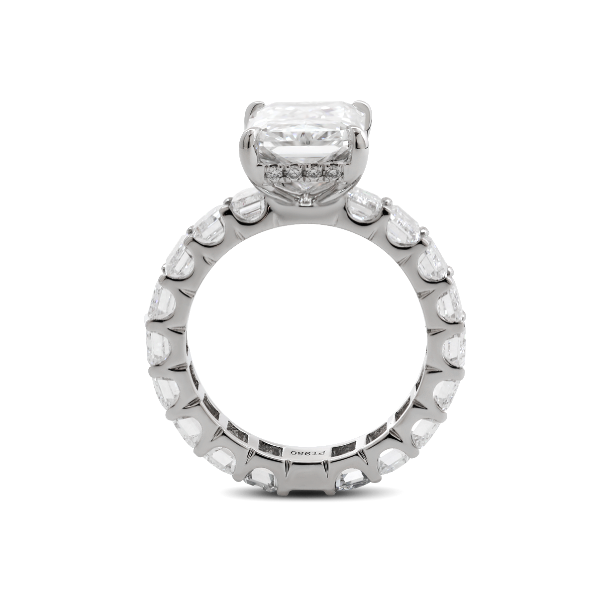 Platinum 4ct Radiant Cut Lab Diamond 4 Calw Prong Basket Ring with Round Lab Diamond Hiddden-Halo and Emerald Cut Lab Diamond Pave
