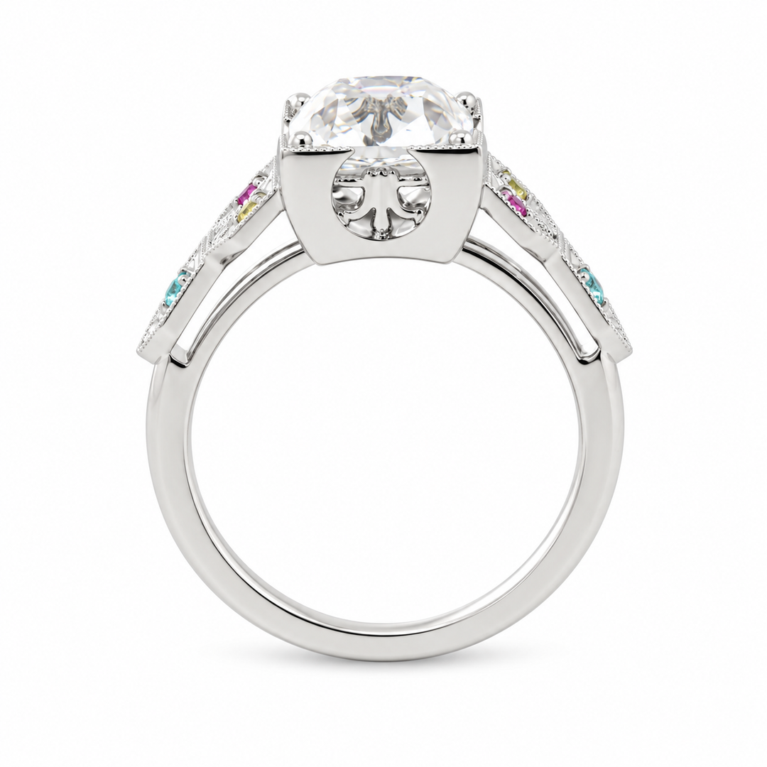 OMC Diamond Millegrain Ring with Fancy Color Gem Side Stones