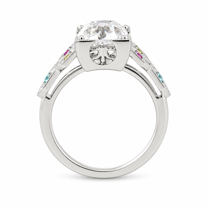 OMC Diamond Millegrain Ring with Fancy Color Gem Side Stones