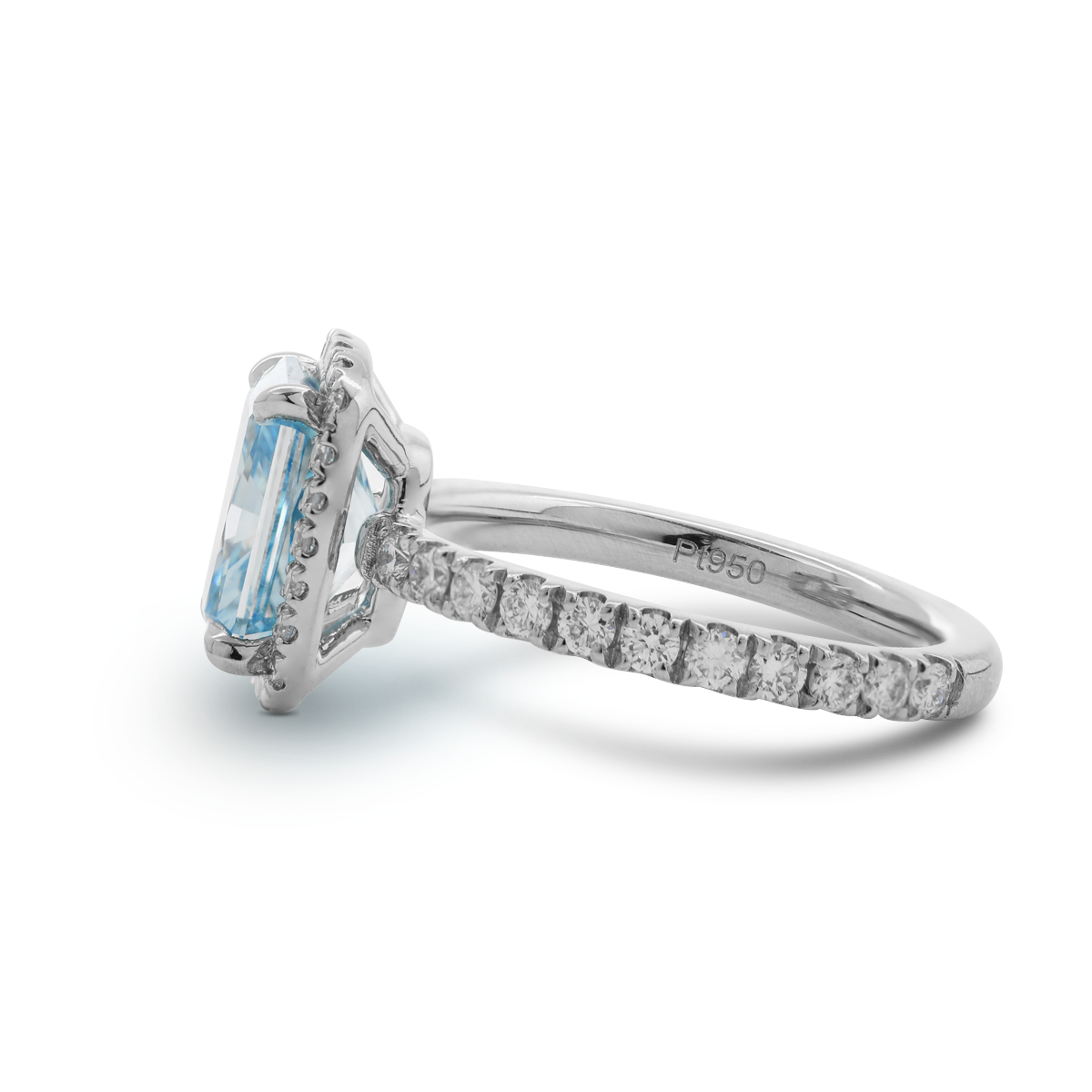 Platinum 2.5ct Radiant Cut Blue Lab Diamond Ring with Round Lab Diamond Halo and U-shape Pave