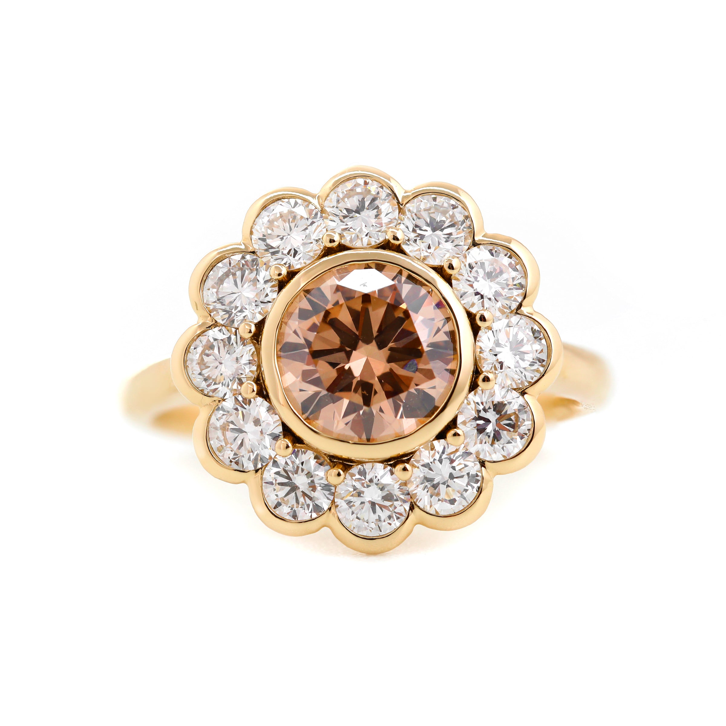 14K Yellow Gold 1.5ct Round Cut Light Brown Lab Diamond Bezel Ring with Roound Lab Diamond Halo