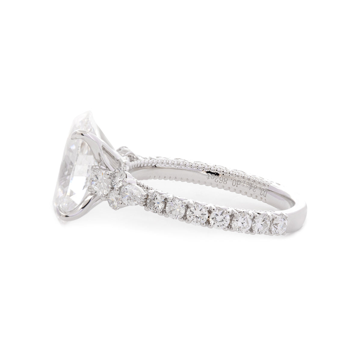 18K White Gold 3.5ct Oval Lab Diamond Vintage Ring with Millegrain and Lab Diamond Side-stones Pave