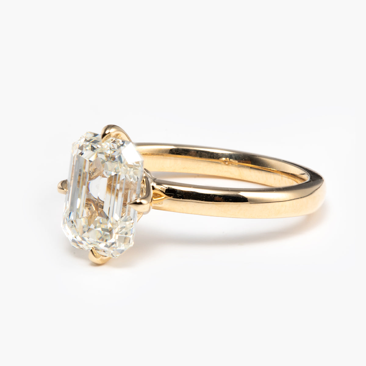 14K Yellow Gold 2 Carat Solitaire Diamond Ring with Emerald Cut Lab Diamond and Floral Prong Setting