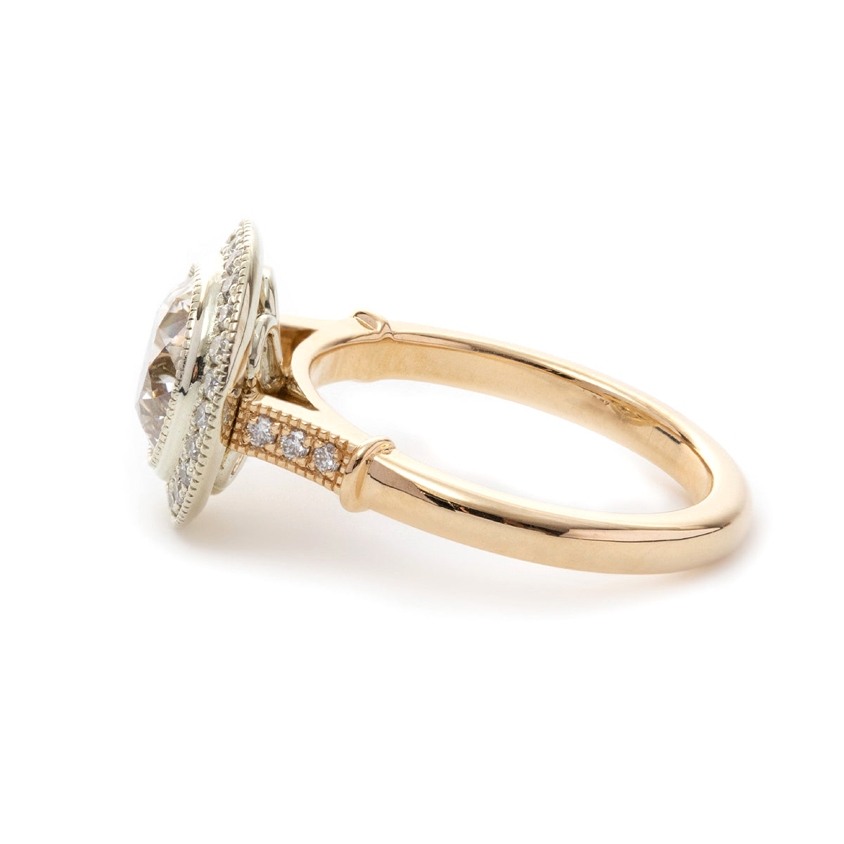 14K Yellow Gold 2ct Old European Cut Lab Diamond Miillegrain Vintage Ring with a 14K White Gold Round Diamond Halo