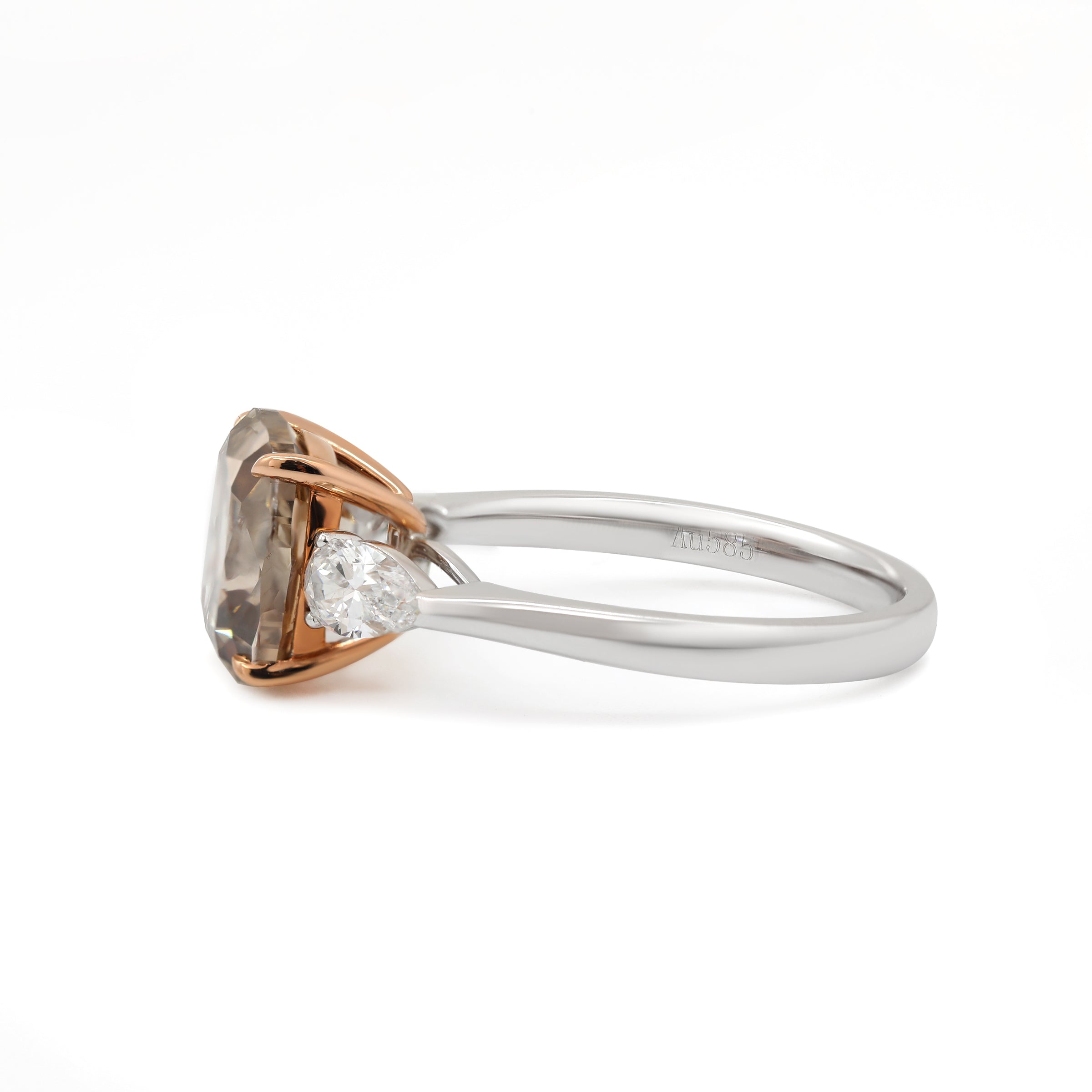 18K White Gold and Rose Gold 2.74ct Cushion Old Mine Cut Brown Lab Diamond Three-stone Prong Ring with Two Pear Cut Lab Diamonds
