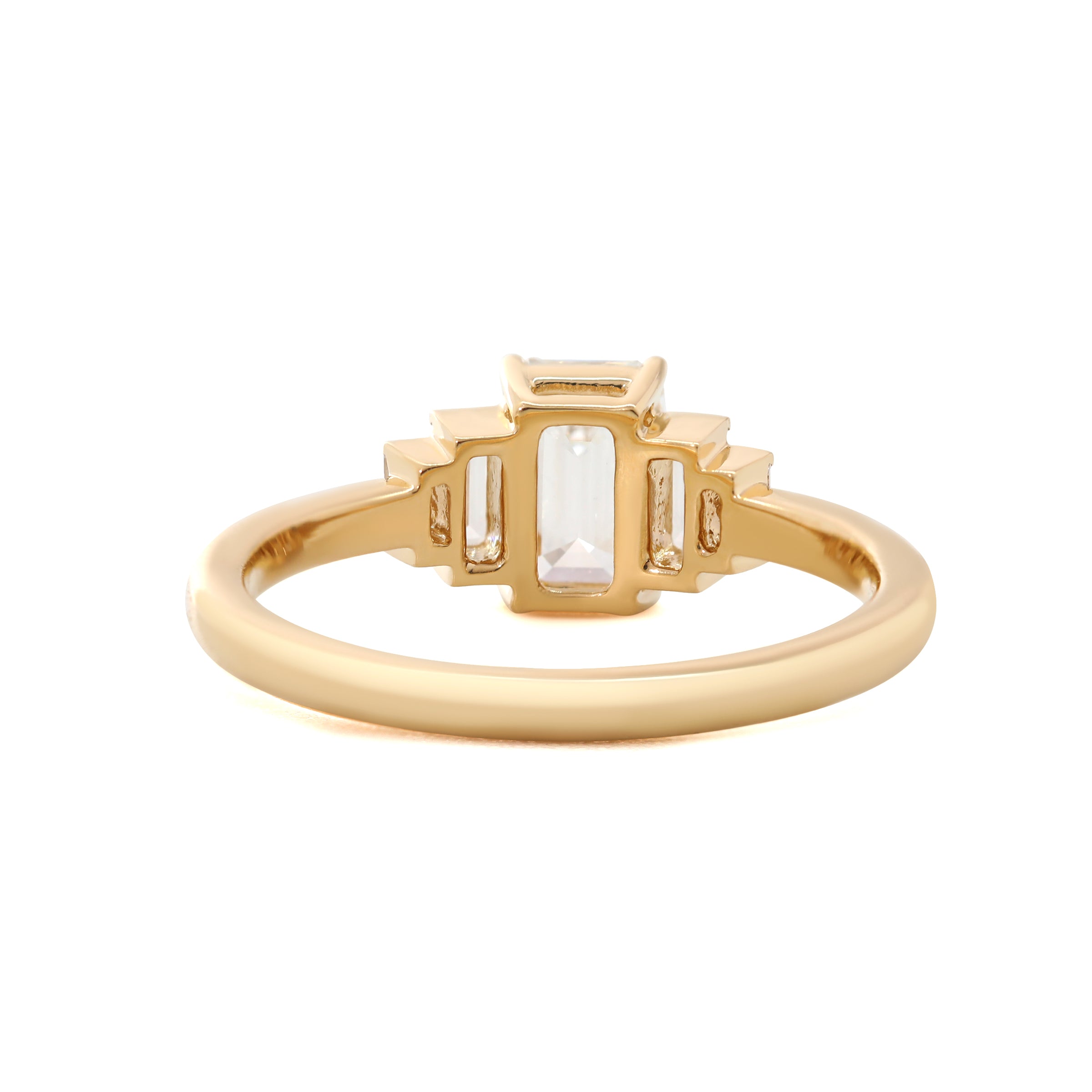 1ct Emerald Cut Lab Diamond 4 Round Prong Basket Five-stone Ring with Half Bezel Baguette Cut Side Stones