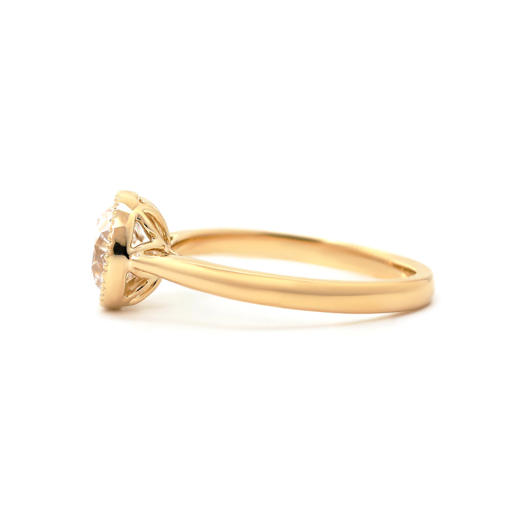 Old European-Cut Lab Diamond Bezel Solitaire Ring with Floral Basket