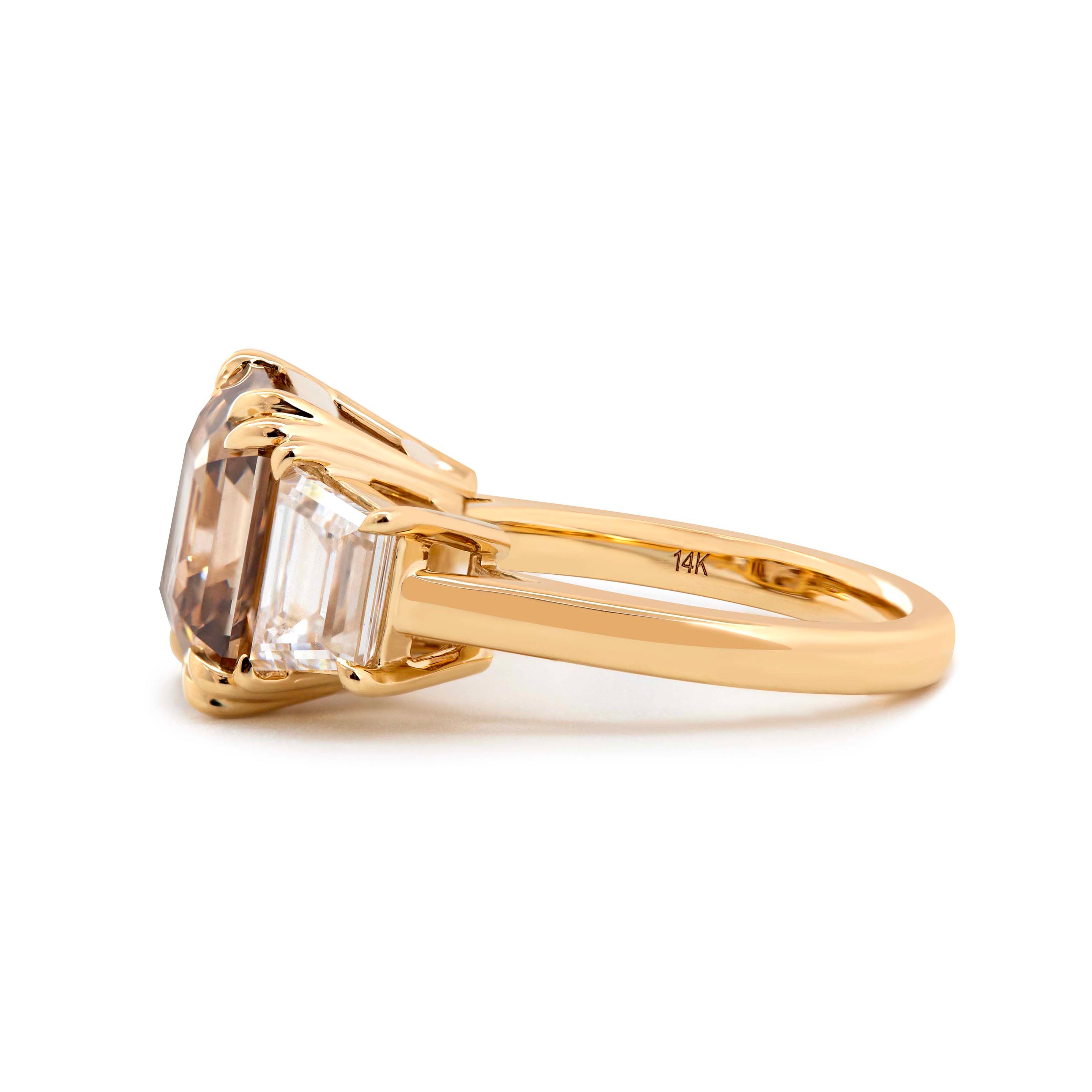 14K Yellow Gold 7ct Asscher Cut Brown Lab Diamond Double Claw Prongs Three-stone Ring with Two Trapezoid Step Cut Diamonds