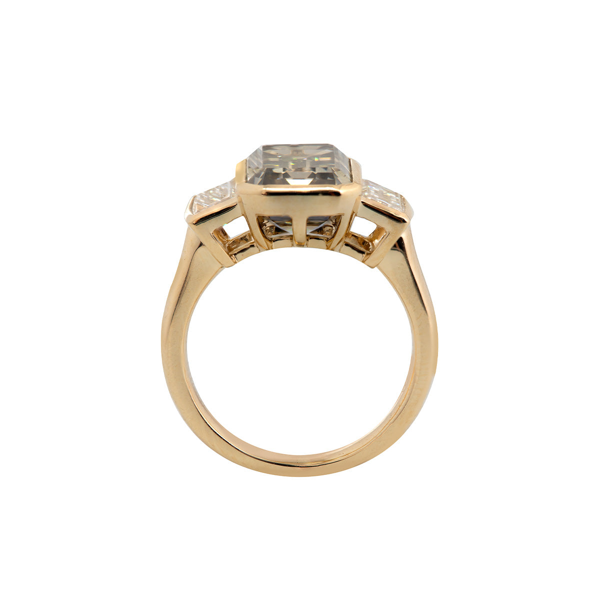 14K Yellow Gold 3.5ct Emerald Cut Brown Lab Diamond Three-stone Bezel Ring with Two Baguette Cut Lab Diamonds